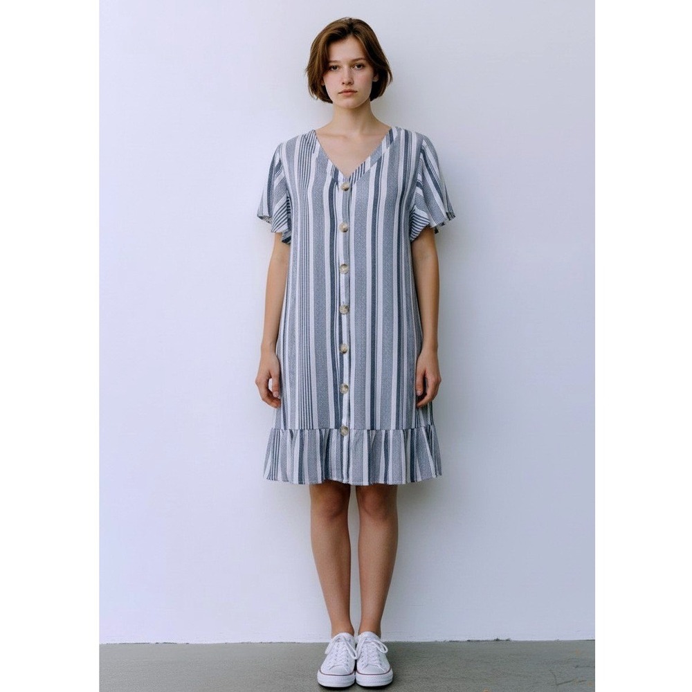 ALTAR'D STATE NEW Mini Dress Short Sleeve MED Button Front Blue White Stripe